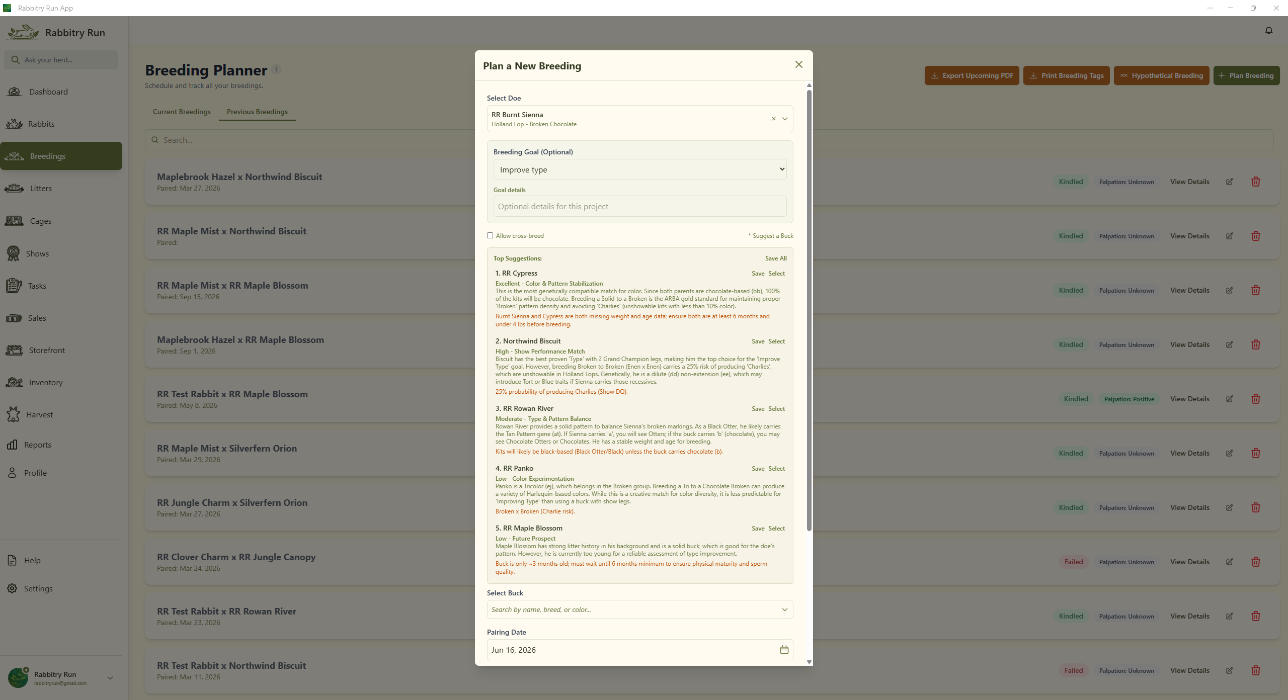 Rabbitry Run breeding planner showing a new breeding, breeding goal, and pairing suggestions.