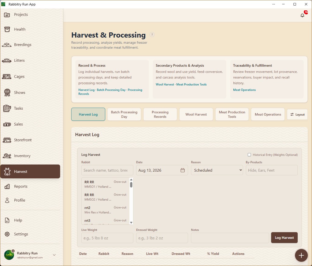 Rabbitry Run harvest and processing page with harvest, processing, wool, production, and meat operations tools.