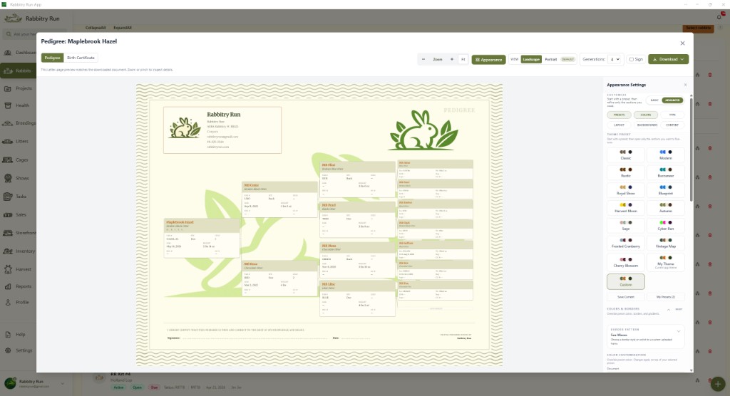 Rabbitry Run pedigree customizer in landscape view with a four-generation tree and appearance presets.