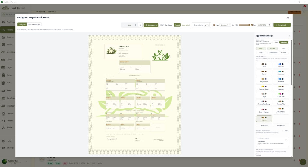 Rabbitry Run pedigree customizer in portrait view with appearance settings and a multi-generation pedigree.