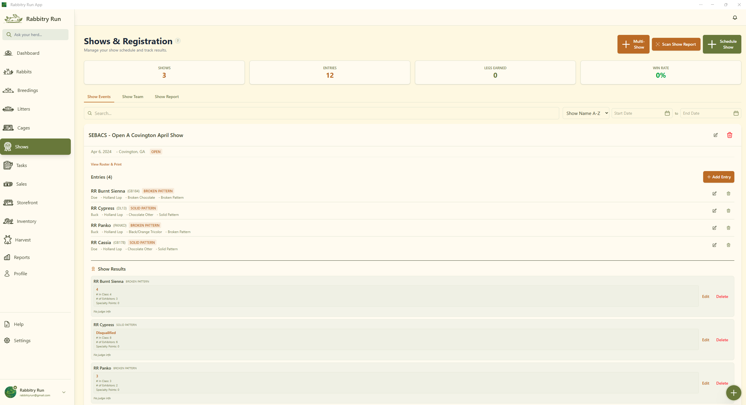 Rabbitry Run shows page with show entries, show results, and Scan Show Report action.