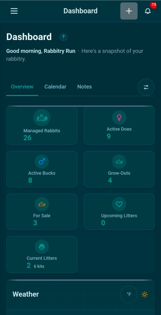 Rabbitry Run mobile dashboard in the Blueprint theme, dark mode.