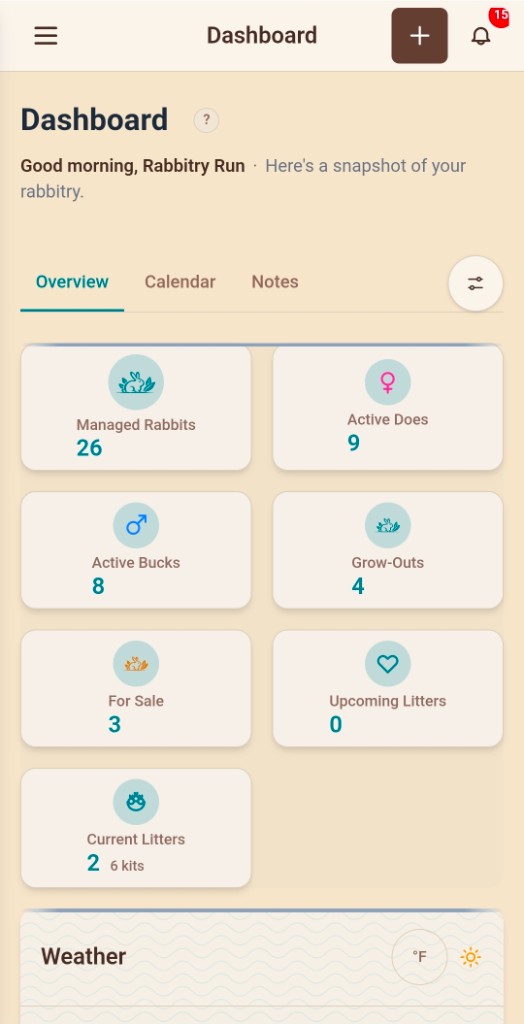 Rabbitry Run mobile dashboard in the Buccaneer theme.