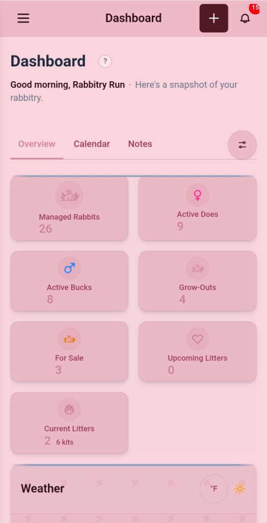 Rabbitry Run mobile dashboard in the Cherry Blossom theme.