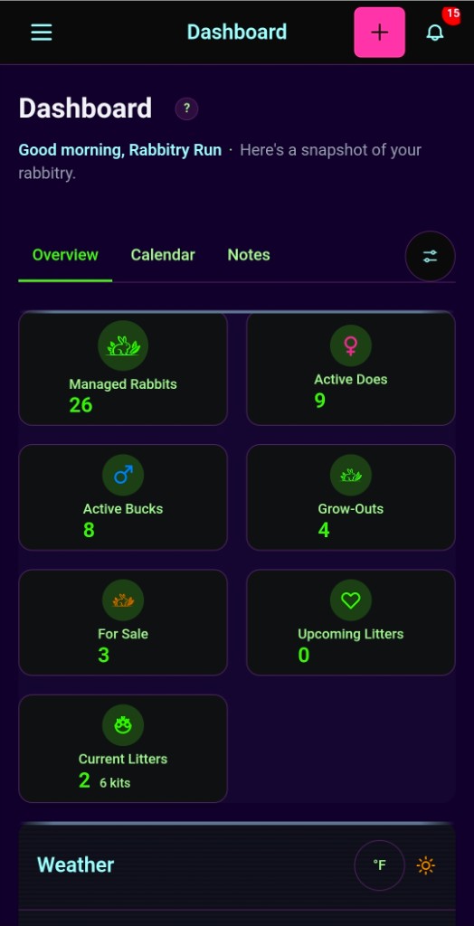 Rabbitry Run mobile dashboard in the Cyber-Bun theme, dark mode.