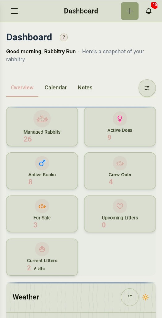 Rabbitry Run mobile dashboard in the Sage theme.